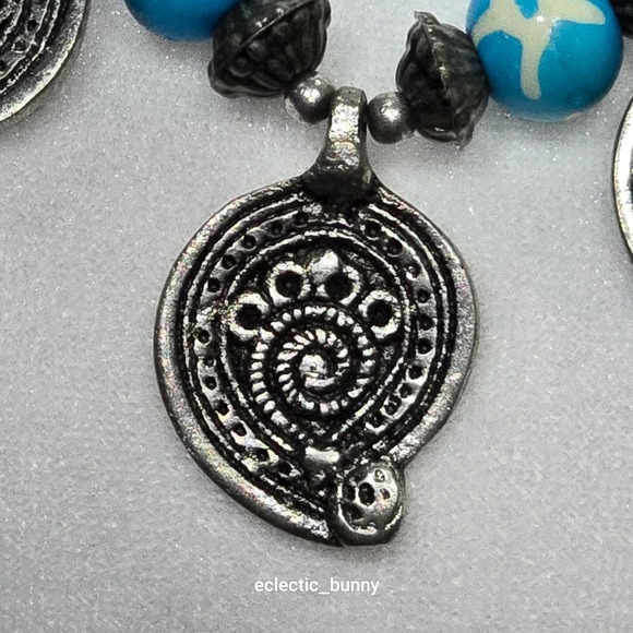 Tibetan-Style Blue Beaded Statement Necklace Silver-Tone Medallions • Boho - Picture 6 of 7